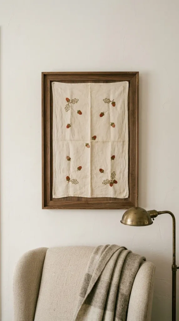 Framed vintage embroidered linen with acorns hung above an armchair as fall wall art