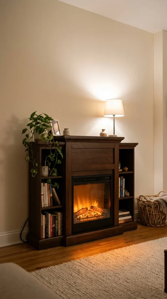Freestanding electric fireplace with bookshelves on each side in a small rental apartment at night