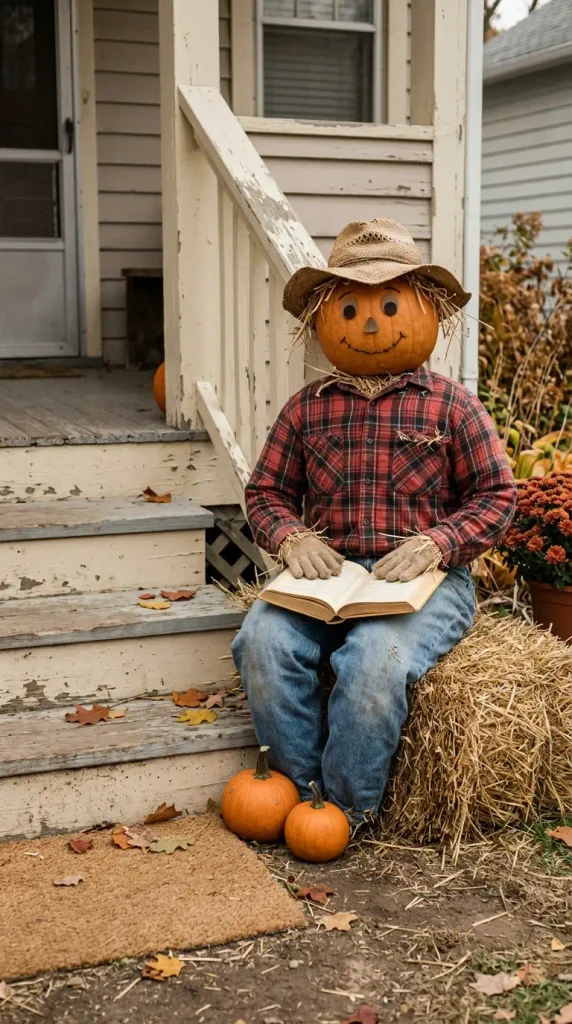 Friendly DIY scarecrow on a hay bale reading a book by the porch steps