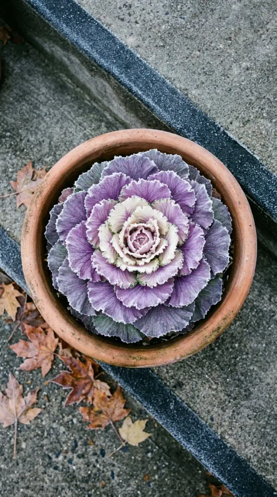 Frosted purple ornamental kale in a terracotta bowl planter on concrete steps