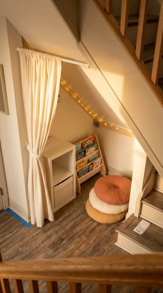 Full renter kit set up as an under the stairs playroom in a small apartment hallway