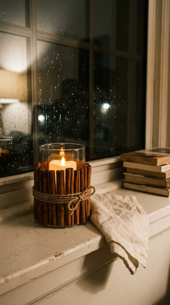Glass fall candle holder wrapped in cinnamon sticks and jute with an LED pillar on a rainy windowsill