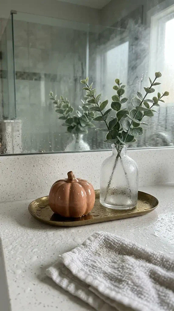 Glass vase, ceramic pumpkin, and brass tray beaded with steam on a bathroom counter after a shower