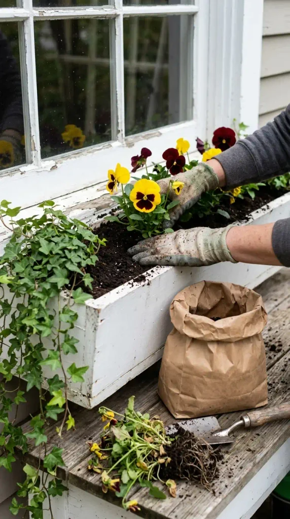 Gloved hands planting pansies into a window box beside summer ivy