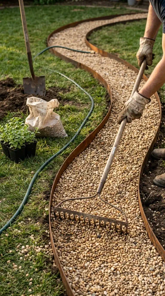 Gloved hands raking pea gravel into a curved garden path in a small backyard