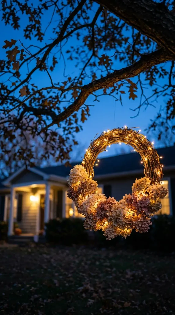 Glowing grapevine wreath moon hanging from a tree branch in a front yard at dusk for Halloween