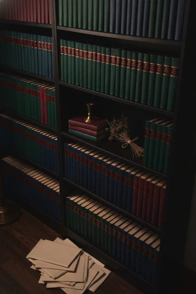 Gothic bookshelves with cloth hardcovers, dust jackets removed, and a brass candlestick on a black shelf