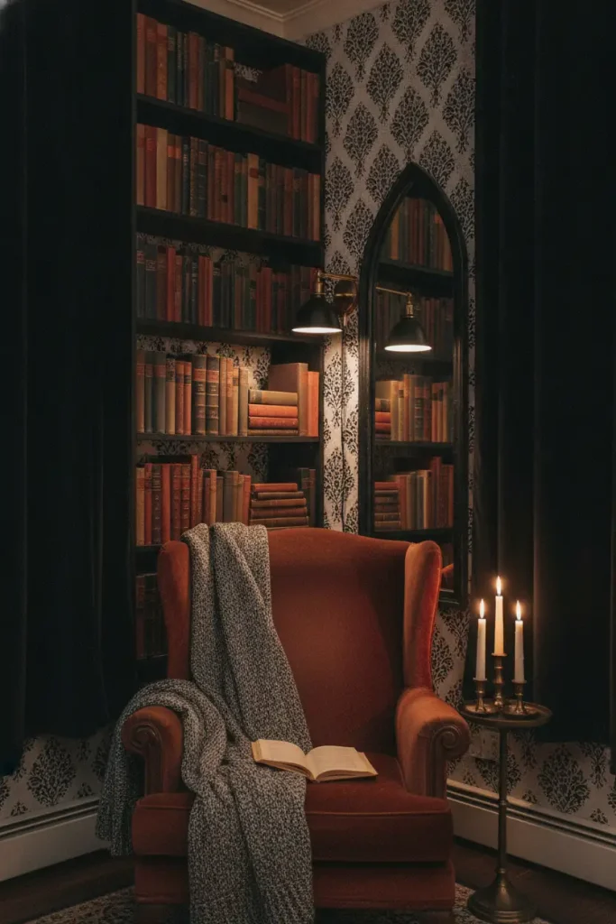 Gothic library corner with a black bookcase, damask wall, brass sconce and velvet curtains in a small apartment