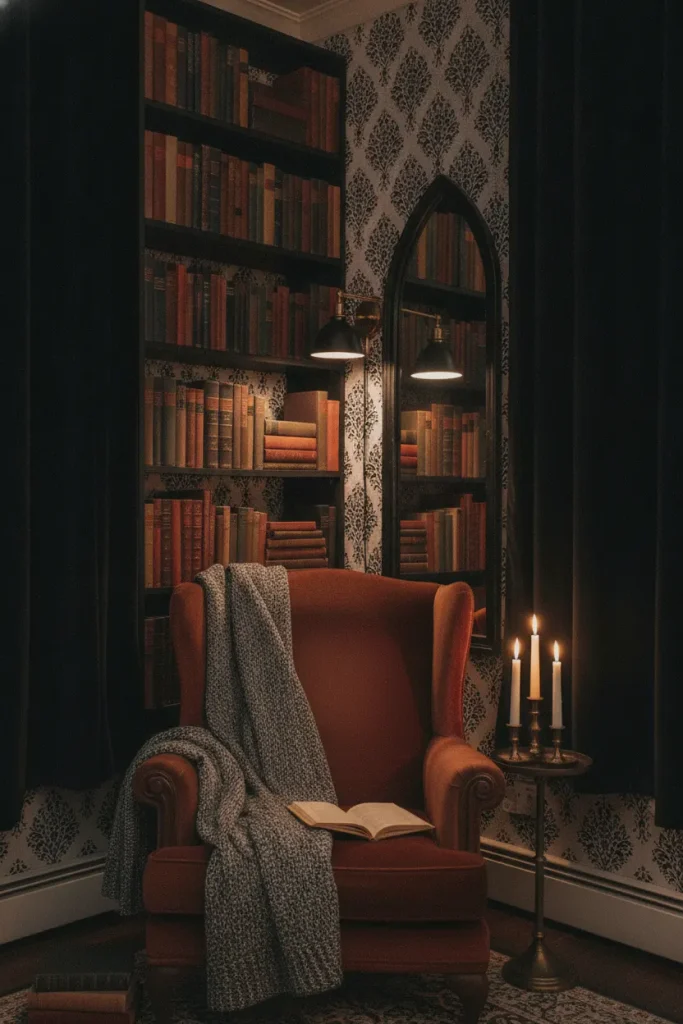 Gothic library room corner with dark walls, a warm sconce, flameless candles and a pointed arch mirror