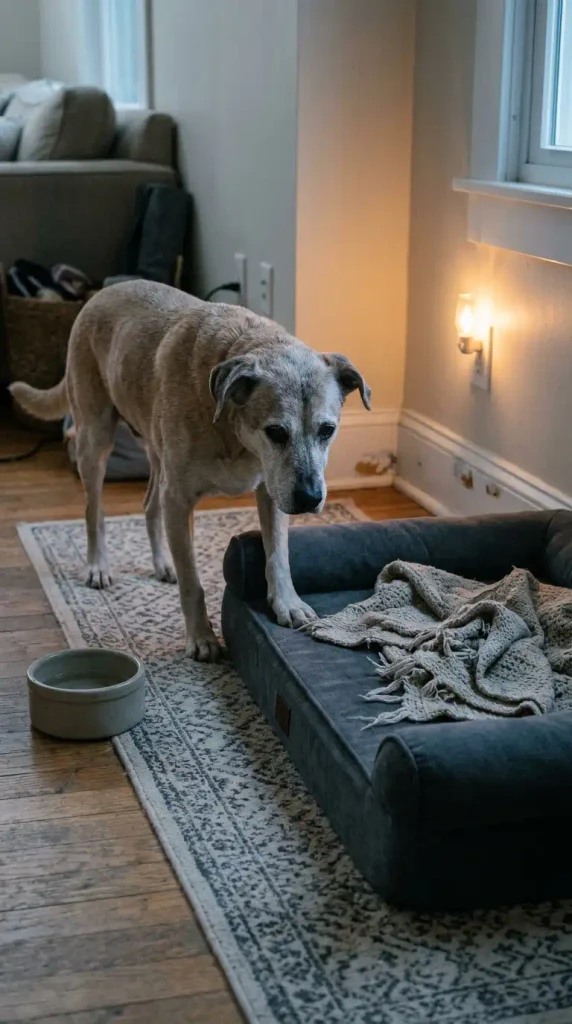 Gray muzzled senior dog stepping onto a low orthopedic bed in a dog nook lit by a night light