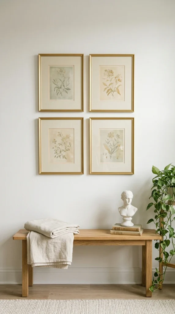 Grid of four gold frames creating a molding effect on a rental wall in light academia style
