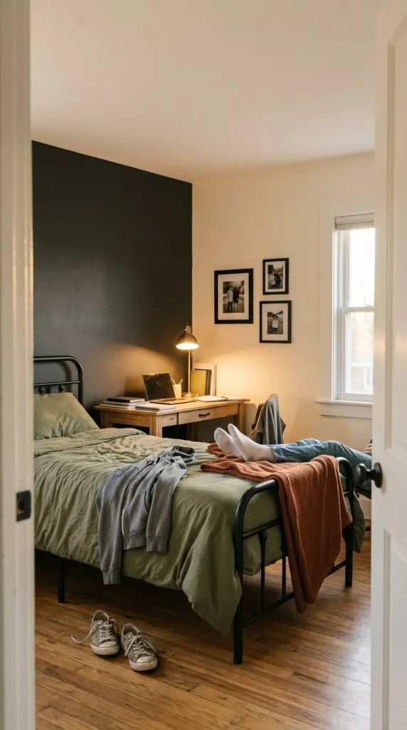Grown-up teen boy bedroom ideas with a charcoal accent wall, olive bedding, black metal bed and warm desk lamp