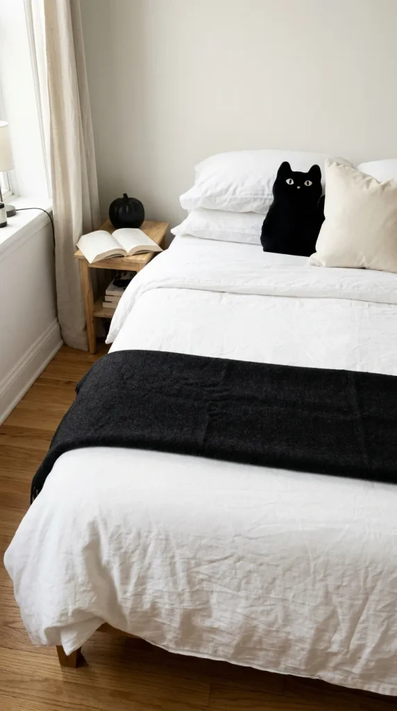 Halloween bedroom decor on a made bed with white sheets, a folded black wool throw and a black cat pillow