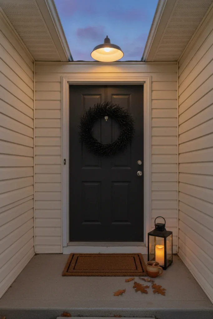 Halloween door decorations with a black grapevine wreath, jute mat, and glowing lantern at dusk