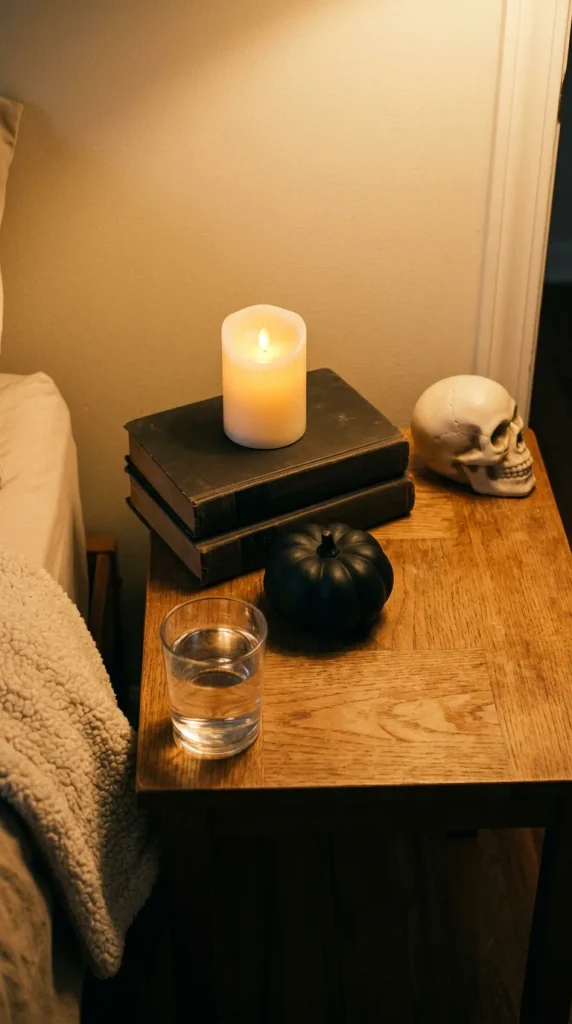 Halloween nightstand with a flameless pillar on stacked books, a black mini pumpkin and a small skull