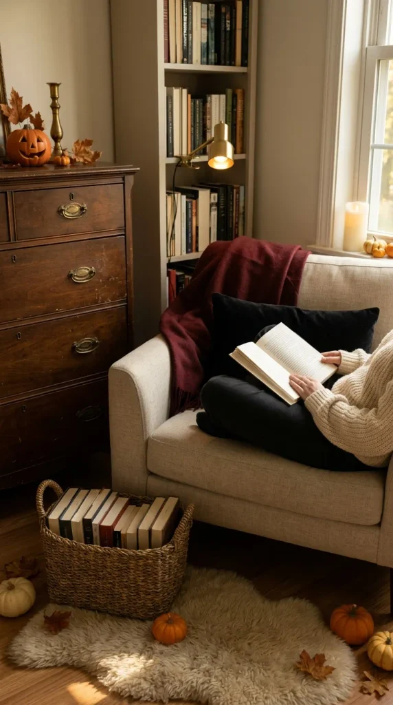 Halloween reading corner in a small bedroom with an oxblood throw, clip-on reading light and a basket of books