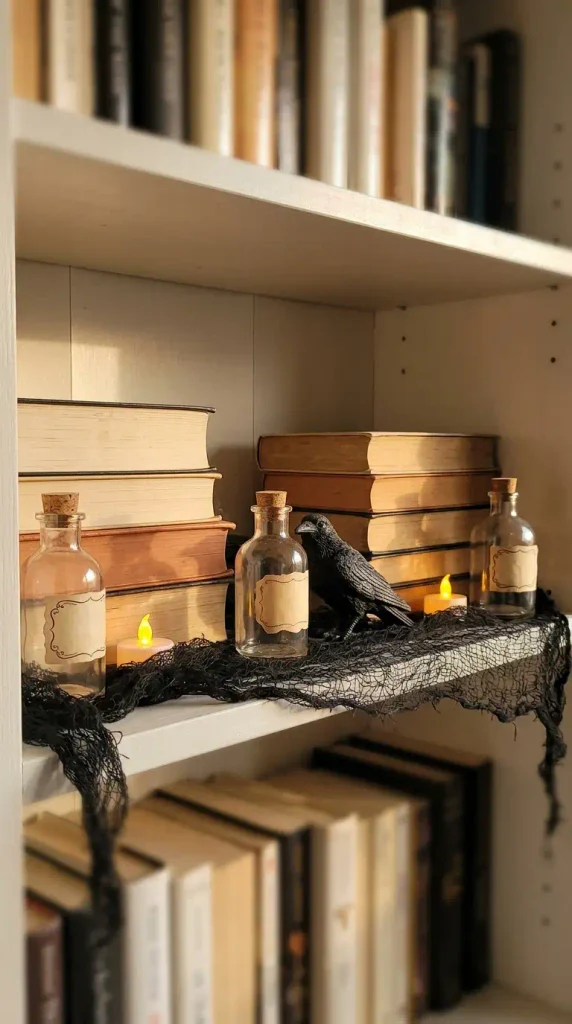 Halloween spell shelf on a bookcase with glass bottles, a raven figure and LED tea lights in golden light
