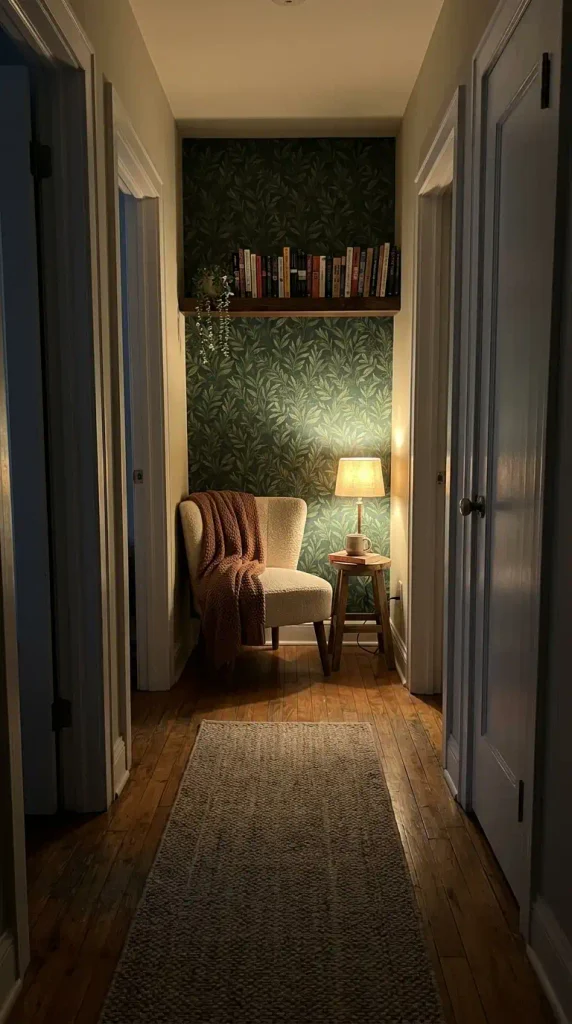 Hallway reading nook with an armless chair, peel-and-stick wallpaper, and a warm plug-in lamp