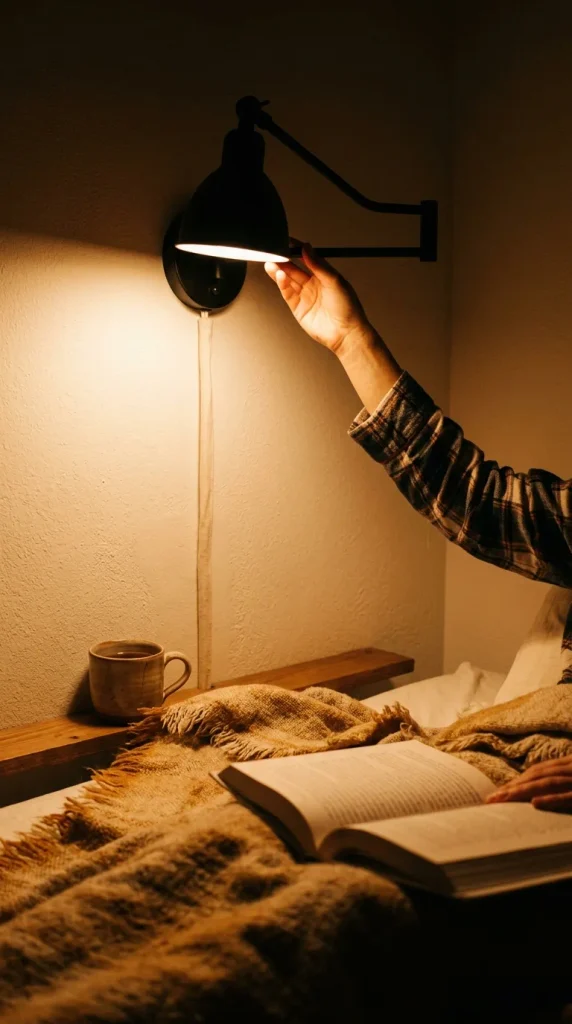 Hand adjusting a plug-in swing-arm sconce over a twin bed for reading at night