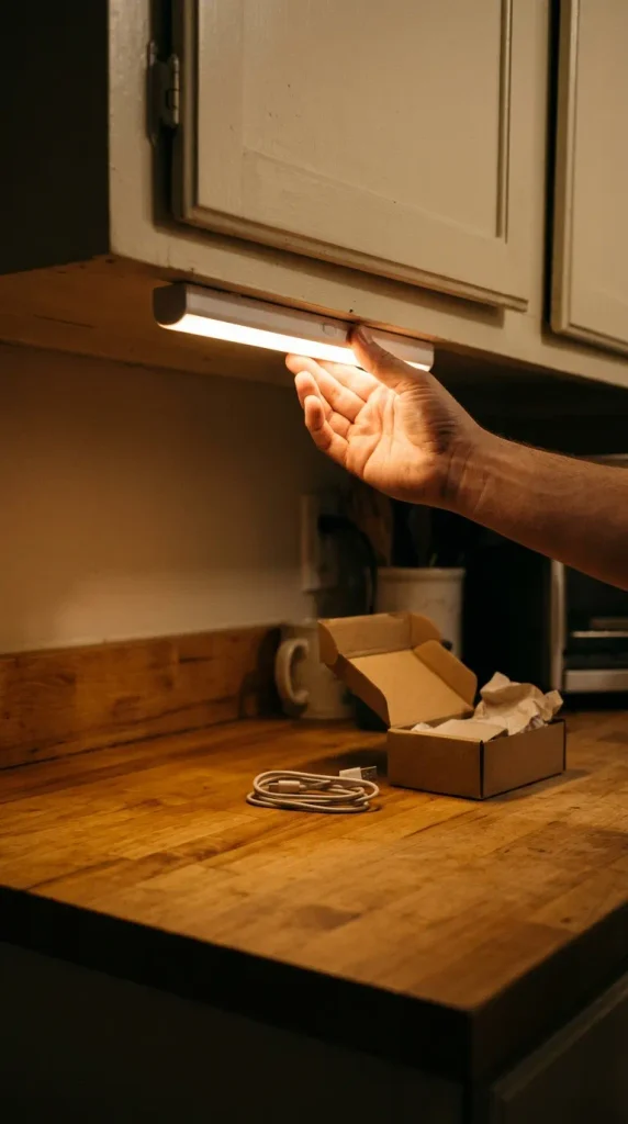 Hand attaching a rechargeable 2700K light bar under a cream cabinet in a warm neutral kitchen