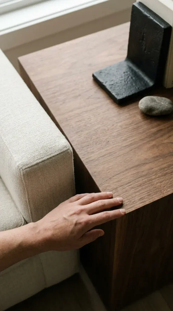 Hand on a wood coffee table beside a linen sofa, showing wood balanced with other textures