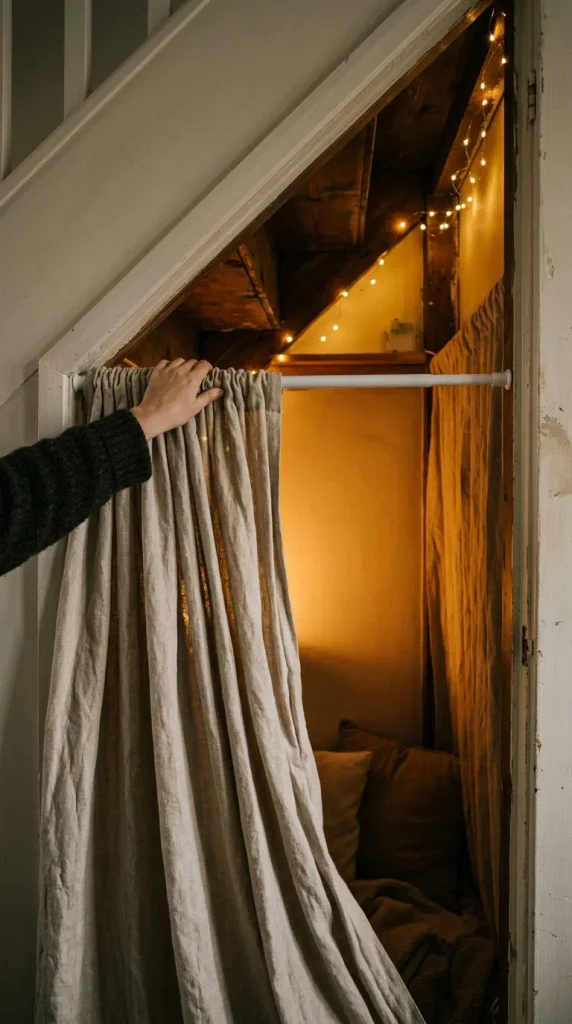 Hand pulling a linen curtain on a tension rod to reveal warm lights under the stairs