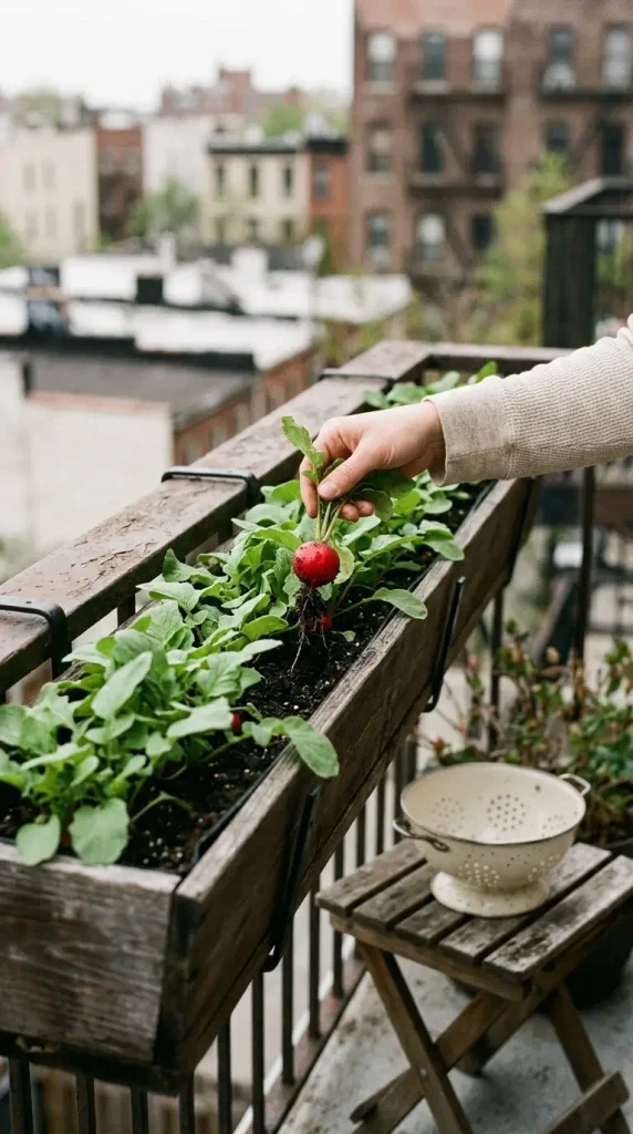 Hand pulling a red radish from a balcony window box in a small fall garden