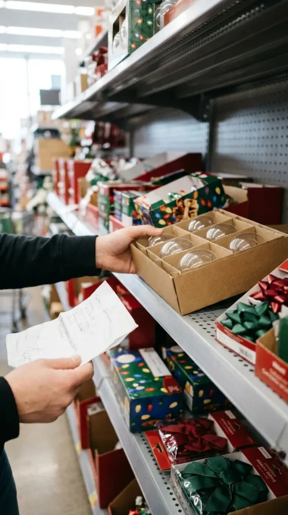 Hand reaching for plain glass ornaments on a post holiday clearance shelf