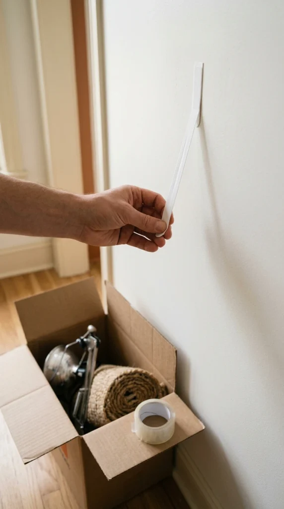 Hand removing an adhesive strip from a clean wall at move-out, with a packed study room lamp and rug below