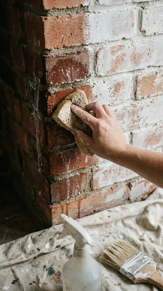 Hand rubbing back fresh limewash on a brick fireplace makeover in progress