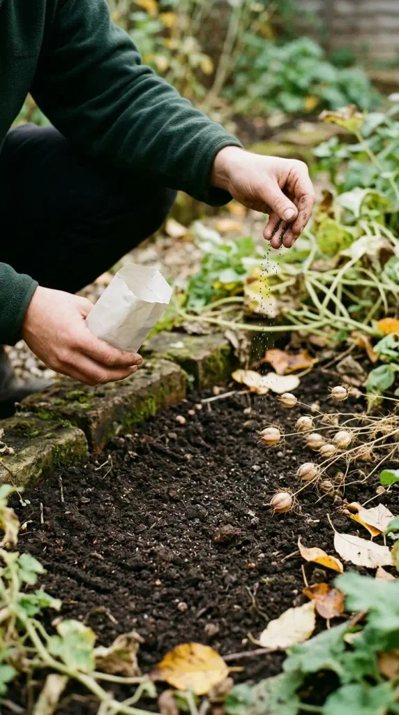 Hand scattering self-seeding flower seeds onto raked soil in a small cottage garden bed