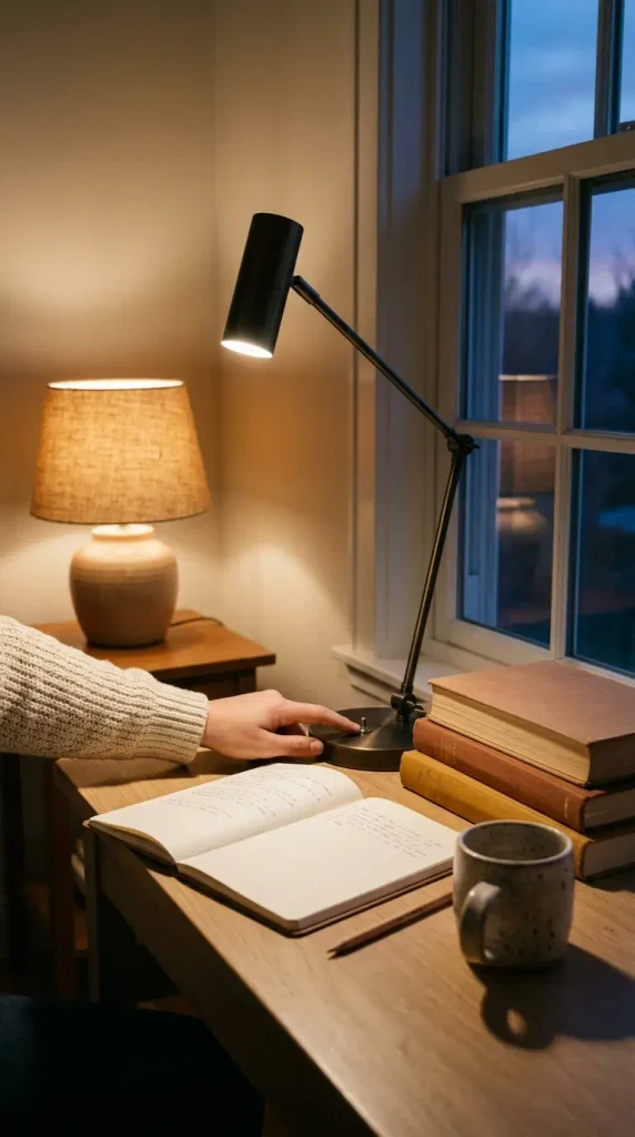Hand switching off a desk task lamp while a warm 2700K lamp glows in a small home office at dusk