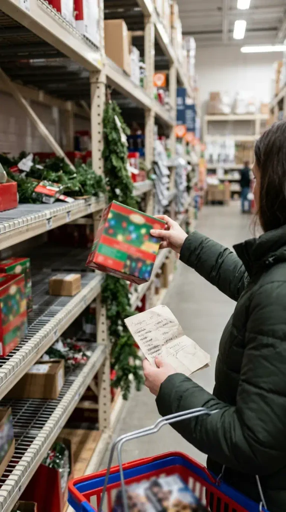 Hand taking a box of Christmas lights from a clearance shelf after the holidays