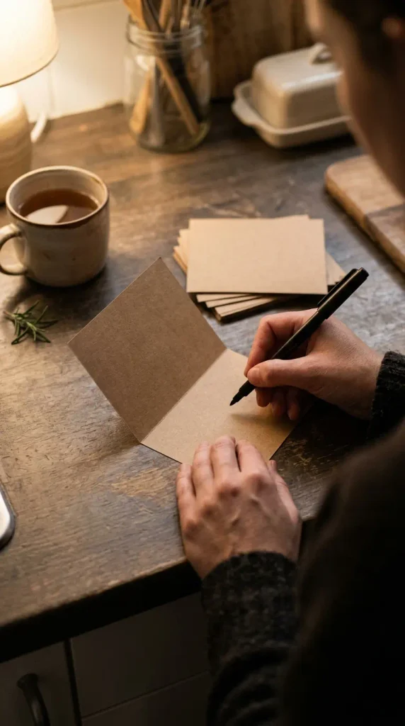 Hand writing a gratitude place card for a small Thanksgiving tablescape at a kitchen counter