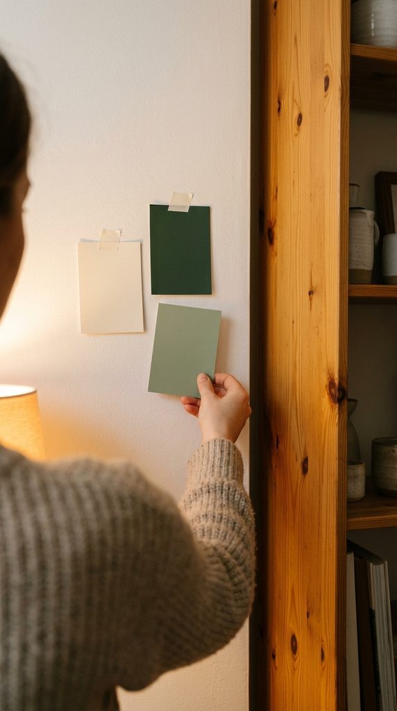 Sage paint swatch held beside a knotty pine shelf under warm lamp light while planning a cabin living room