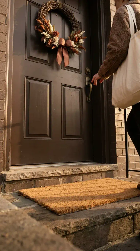 Low angle view of fall front door decor showing coir mat, door handle, and grapevine wreath at eye level