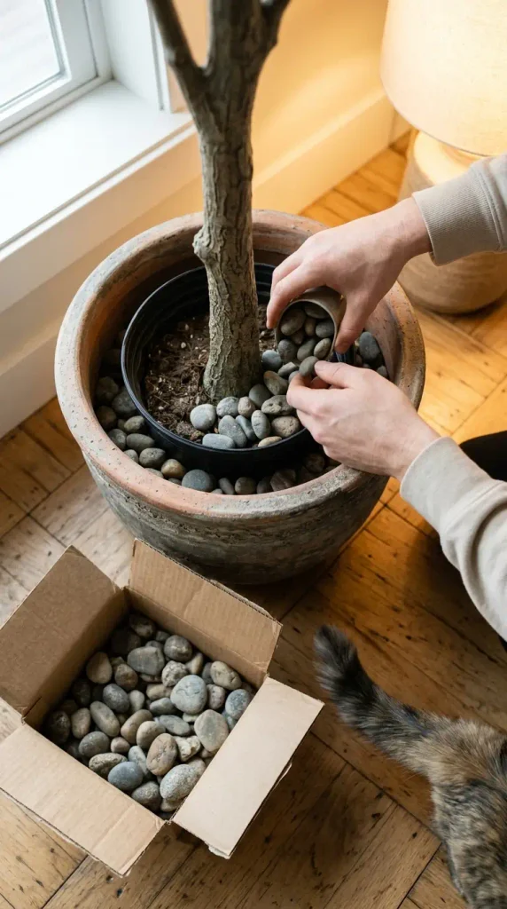 Hands adding river rocks to steady a faux fall tree planter in a pet-friendly home