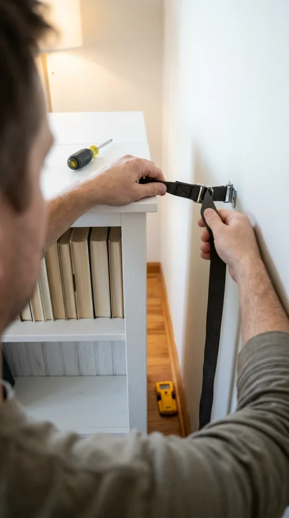 Hands anchoring a white bookcase with shiplap back panels to the wall with a safety strap