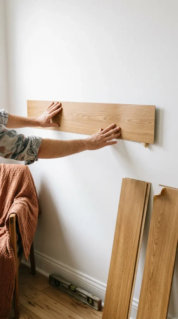 Hands applying a peel-and-stick wood plank to a rental wall for a cabin living room look