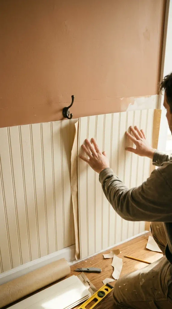 Hands applying peel-and-stick beadboard to make a small entryway wall read as a mudroom