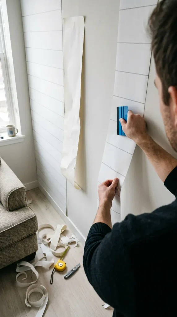 Hands applying peel-and-stick shiplap wallpaper to a rental living room wall