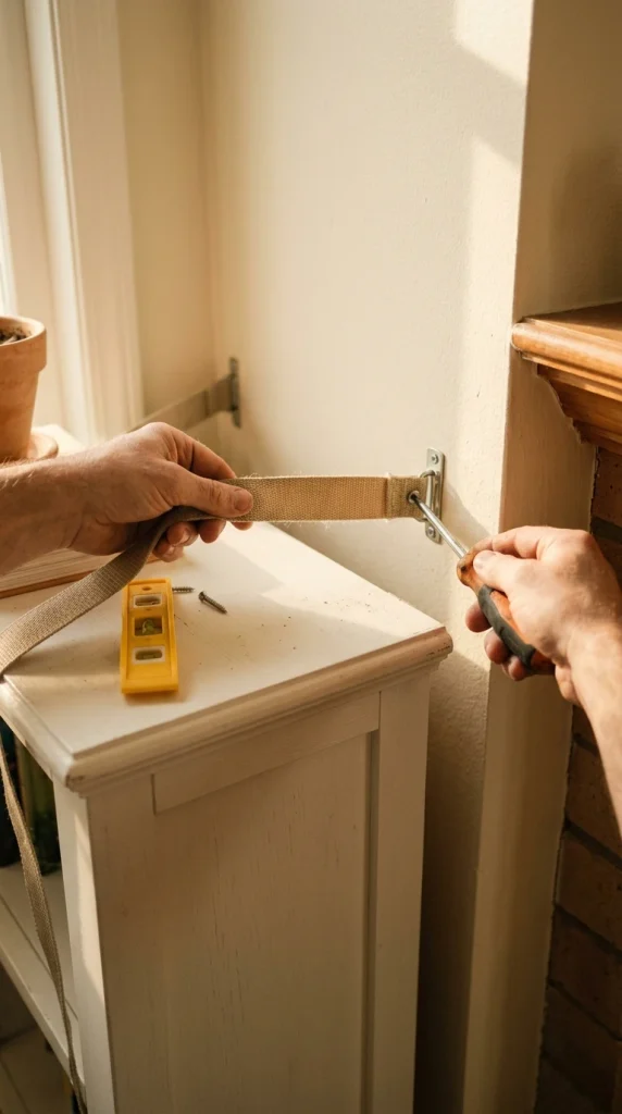Hands attaching an anti-tip strap to a bookcase beside a fireplace for child safety