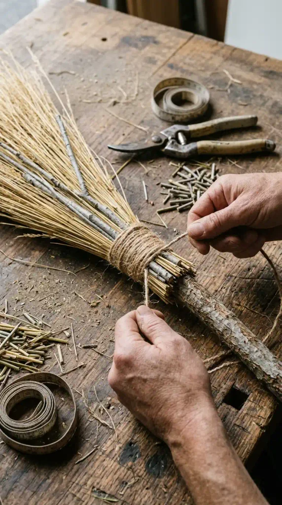 Hands binding a homemade besom broom from yard clippings with jute twine on a workbench