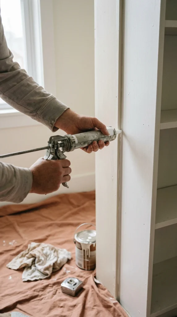 Hands caulking the seam between a bookcase and trim board to make built ins around a fireplace