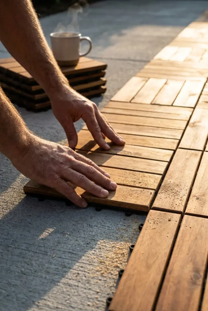 Hands clicking acacia deck tiles over concrete for a renter safe DIY backyard floor