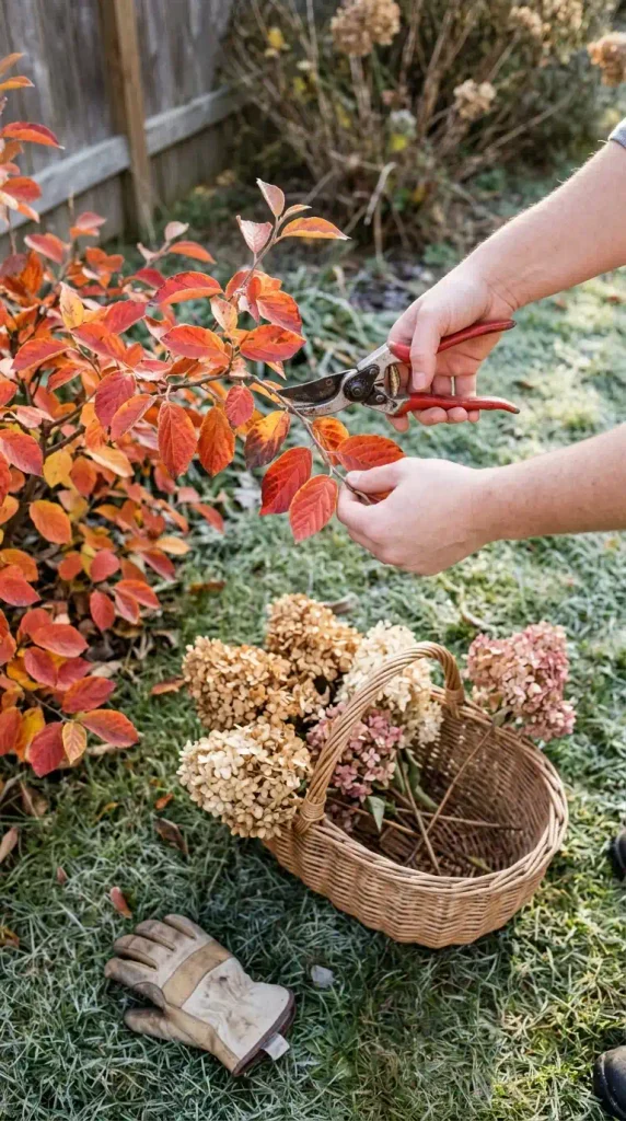 Hands cutting fothergilla stems from a yard shrub to fill fall window boxes for free