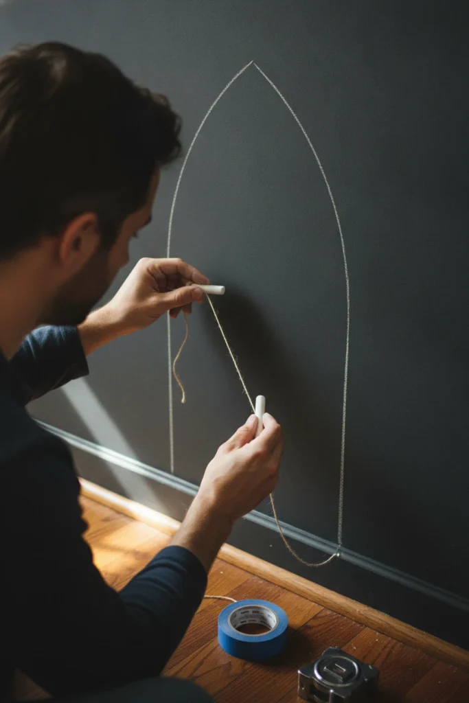 Hands drawing a pointed gothic arch on a dark wall using a string and pencil