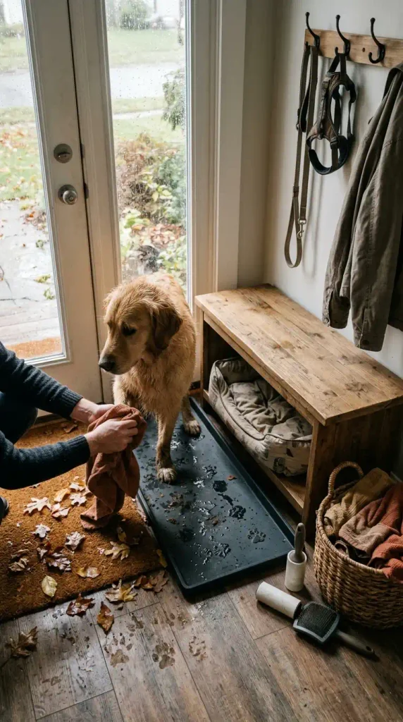 Hands drying a golden retriever's muddy paws at an entryway dog nook with a bed under the bench