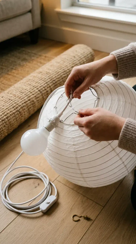 Hands fitting a plug-in cord and LED bulb into a white rice-paper globe shade on a light oak floor
