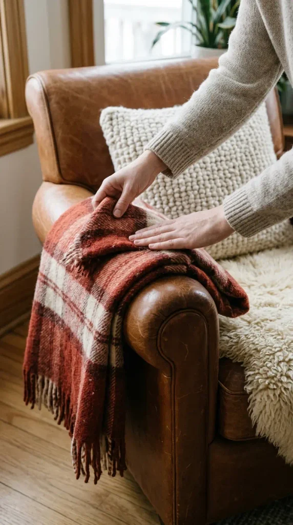 Hands folding a wool plaid throw over a leather armchair with sheepskin and a knit pillow